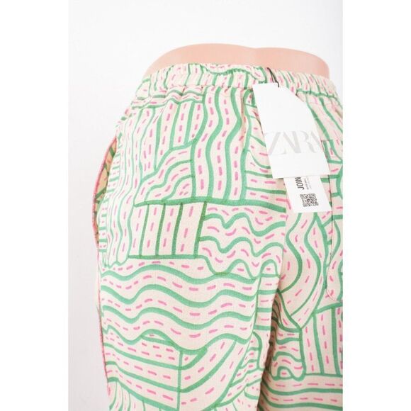 Zara Womens Pajama Pants Linen Blend XS Ecru Pink Green Printed 7972/617 NWT - Picture 5 of 8